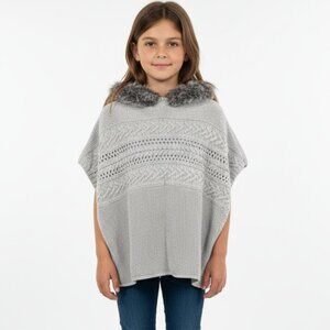 GAP KIDS Poncho Vest Hooded Knit Gray Boho Nordic Faux Fur Gray L